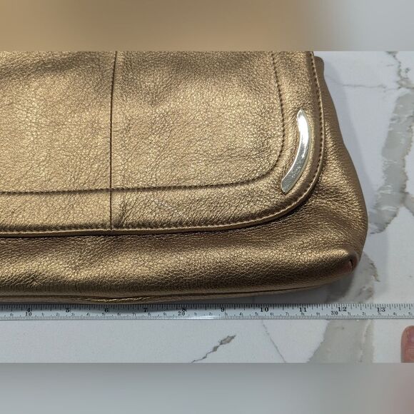 B Makowsky Gold buttery soft Leather Clutch Bag chain handle leopard lining New - Picture 12 of 13
